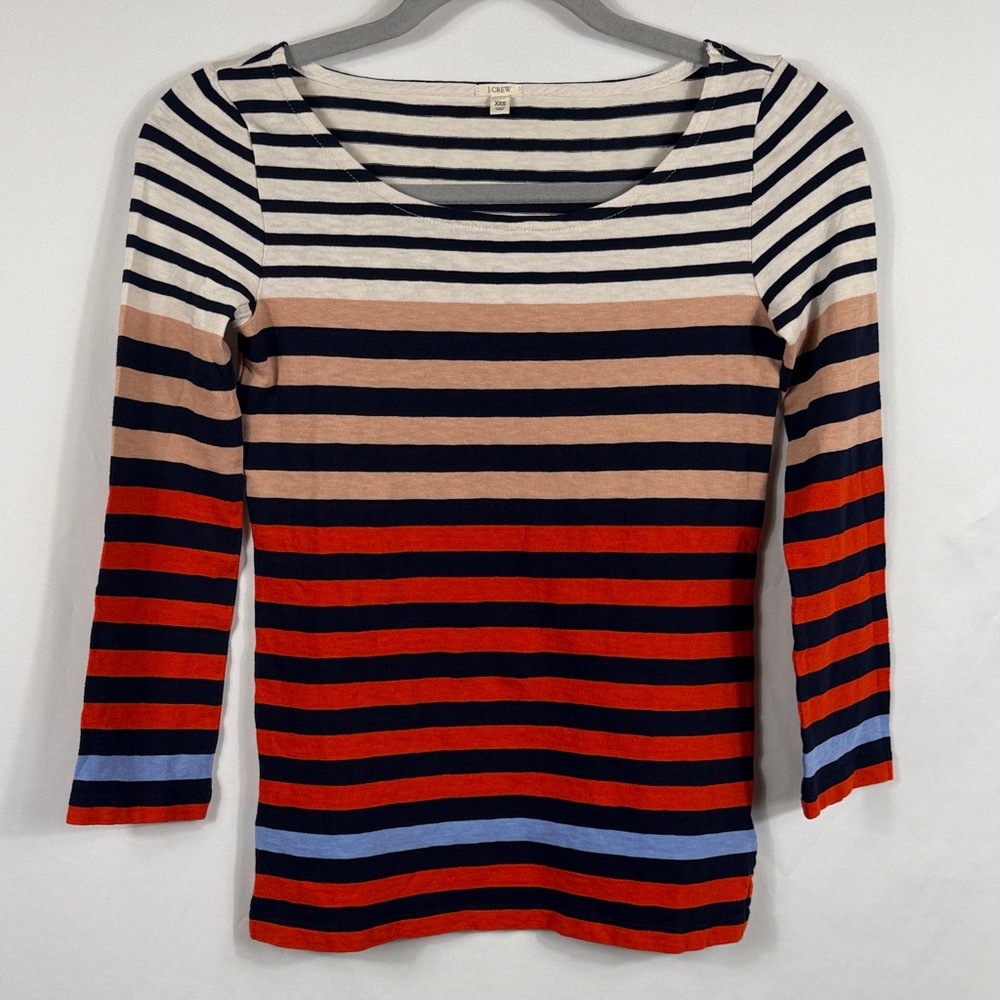 J. Crew Navy and Red Striped 3/4 Long Sleeve‎ Scoop Neck Top. Size XXS women’s